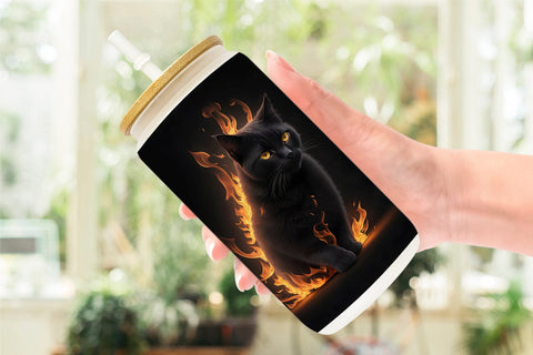 Glass Can Wrap 3D Black Cat Burn Sublimation artnoy 