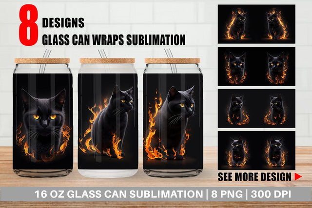 Glass Can Wrap 3D Black Cat Burn Sublimation artnoy 