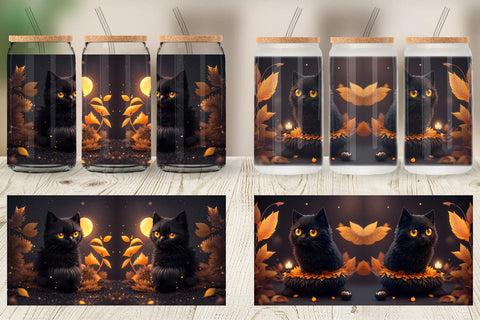 Glass Can Wrap 3D Black Cat Halloween Sublimation artnoy 