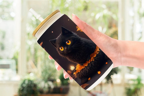 Glass Can Wrap 3D Black Cat Halloween Sublimation artnoy 