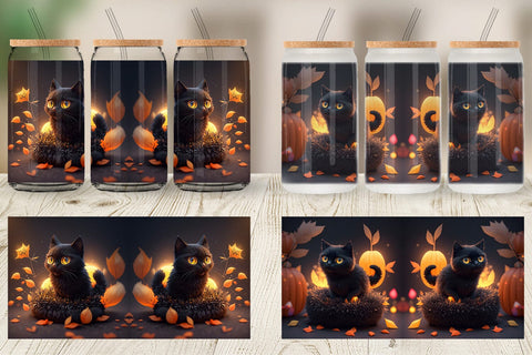 Glass Can Wrap 3D Black Cat Halloween Sublimation artnoy 