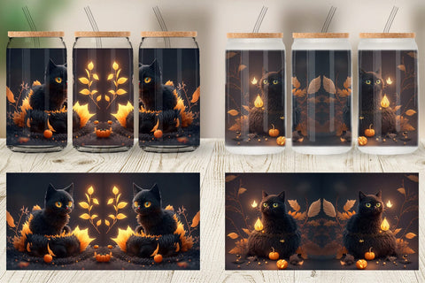 Glass Can Wrap 3D Black Cat Halloween Sublimation artnoy 