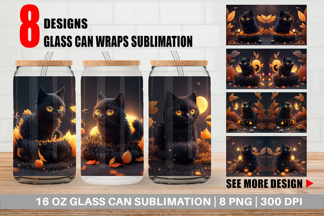 Glass Can Wrap 3D Black Cat Halloween Sublimation artnoy 