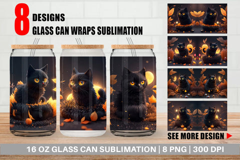 Glass Can Wrap 3D Black Cat Halloween Sublimation artnoy 