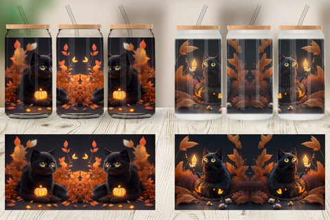Glass Can Wrap 3D Black Cat Halloween Sublimation artnoy 