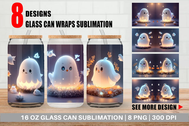 Glass Can Wrap 3D Cute Ghost Halloween Sublimation artnoy 