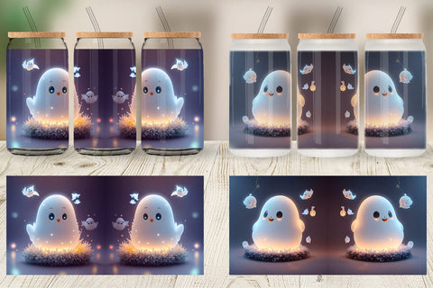 Glass Can Wrap 3D Cute Ghost Halloween Sublimation artnoy 