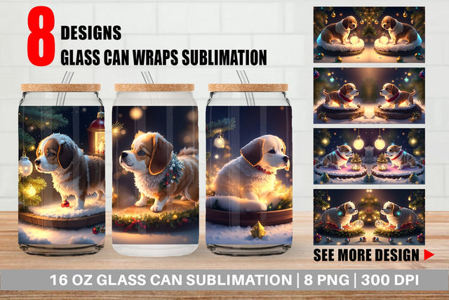Glass Can Wrap 3D Dog Christmas Sublimation artnoy 