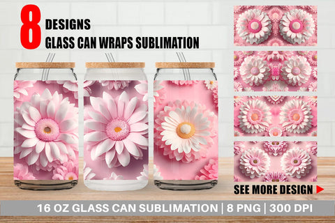 Glass Can Wrap 3D Flower Daisy Pink Sublimation artnoy 