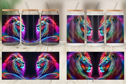 Glass Can Wrap 3D Neon Lion Sublimation artnoy 