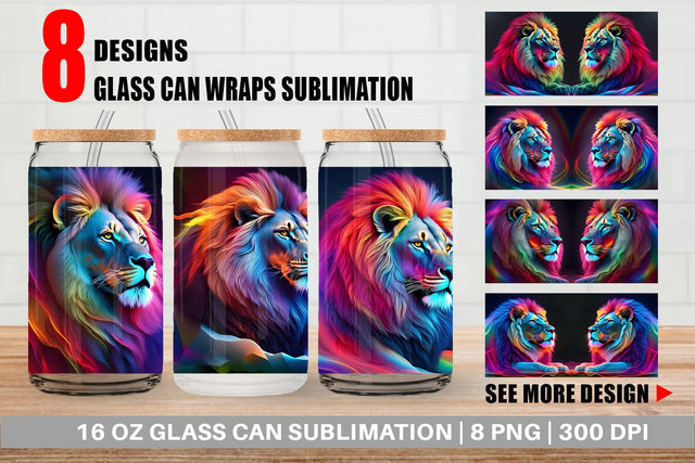 Glass Can Wrap 3D Neon Lion Sublimation artnoy 