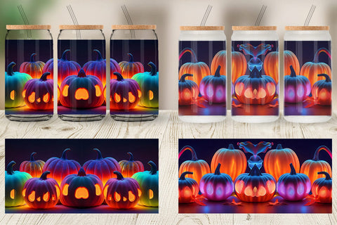 Glass Can Wrap 3D Neon Pumpkin Sublimation artnoy 