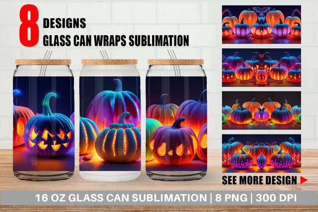 Glass Can Wrap 3D Neon Pumpkin Sublimation artnoy 