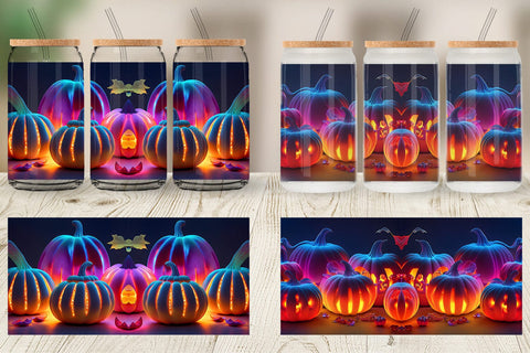 Glass Can Wrap 3D Neon Pumpkin Sublimation artnoy 