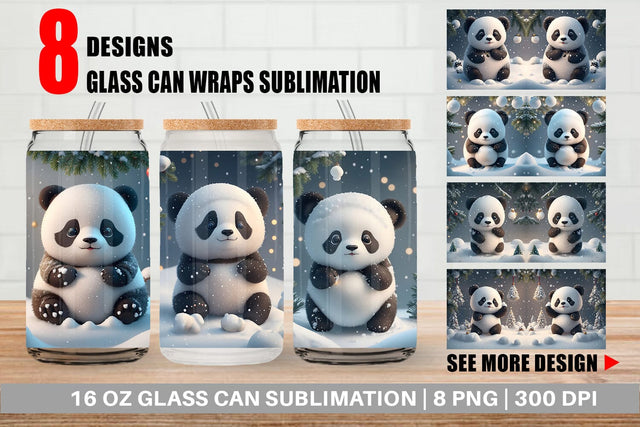 Glass Can Wrap 3D Panda Christmas Sublimation artnoy 