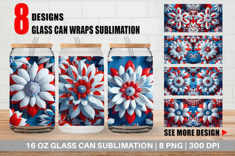 Glass Can Wrap 3D Patriot Flower Vintage Sublimation artnoy 