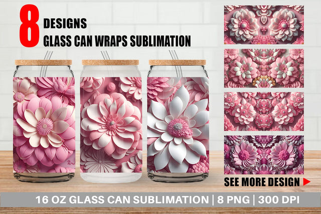Glass Can Wrap 3D Pink Flower Vintage Sublimation artnoy 