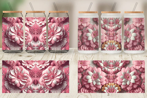 Glass Can Wrap 3D Pink Flower Vintage Sublimation artnoy 