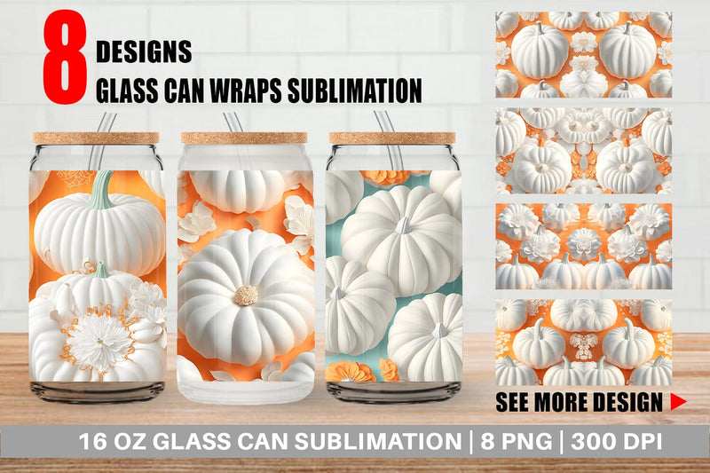 Glass Can Wrap 3D Pumpkin White Sublimation artnoy 