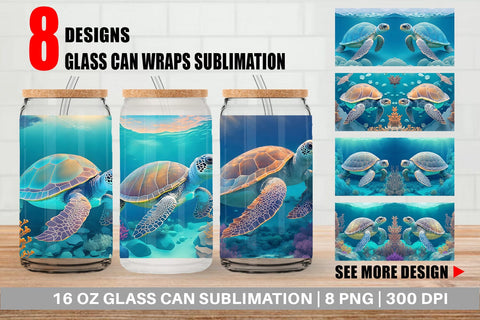Glass Can Wrap 3D Sea Turtle Sublimation artnoy 