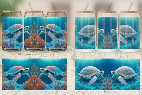 Glass Can Wrap 3D Sea Turtle Sublimation artnoy 