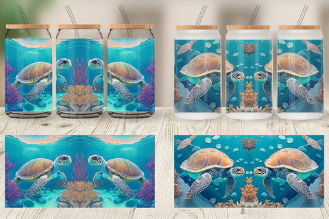 Glass Can Wrap 3D Sea Turtle Sublimation artnoy 