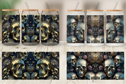 Glass Can Wrap 3D skulls Gold Sublimation artnoy 