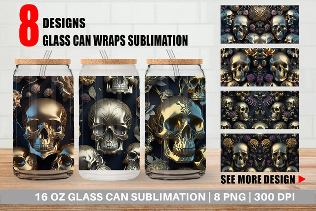 Glass Can Wrap 3D skulls Gold Sublimation artnoy 