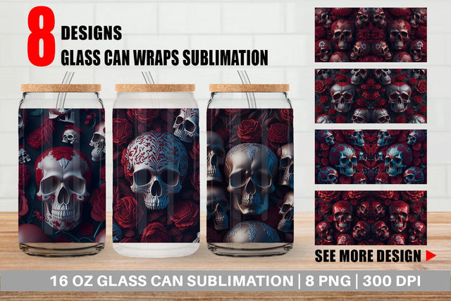 Glass Can Wrap 3D Skulls Red Sublimation artnoy 