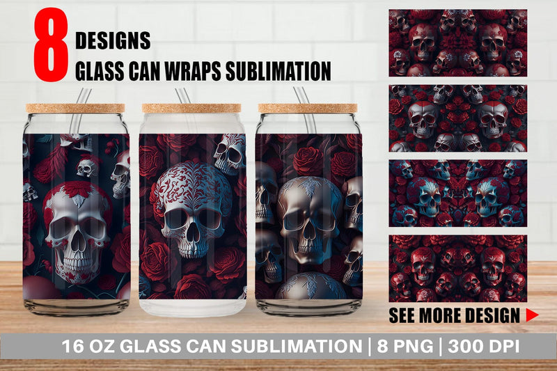 Glass Can Wrap 3D Skulls Red Sublimation artnoy 