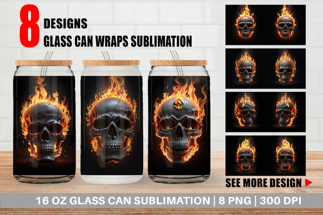 Glass Can Wrap 3D Spooky Skull Burn Sublimation artnoy 