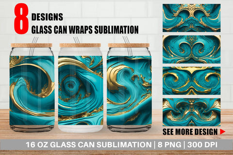 Glass Can Wrap 3D Whirlpool Gold Turquoise Sublimation artnoy 