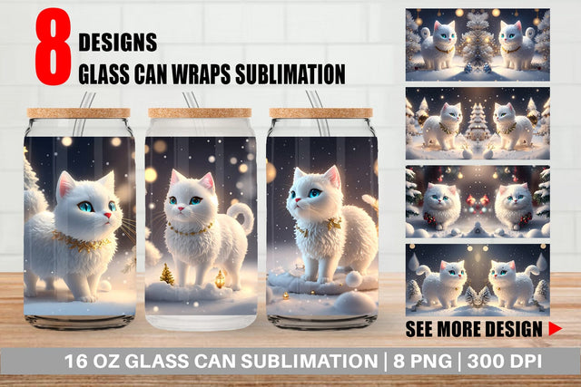 Glass Can Wrap 3D White Cat Christmas Sublimation artnoy 