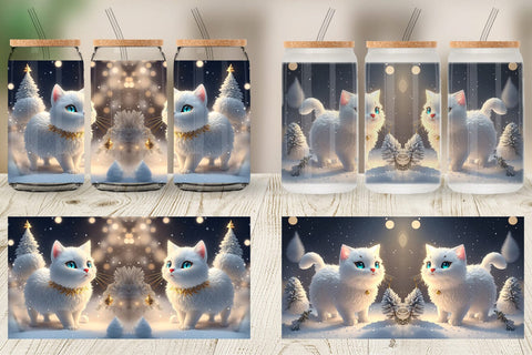 Glass Can Wrap 3D White Cat Christmas Sublimation artnoy 