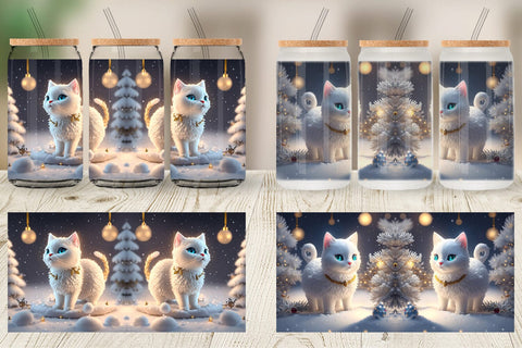 Glass Can Wrap 3D White Cat Christmas Sublimation artnoy 