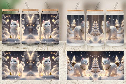 Glass Can Wrap 3D White Cat Christmas Sublimation artnoy 
