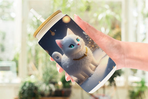 Glass Can Wrap 3D White Cat Christmas Sublimation artnoy 