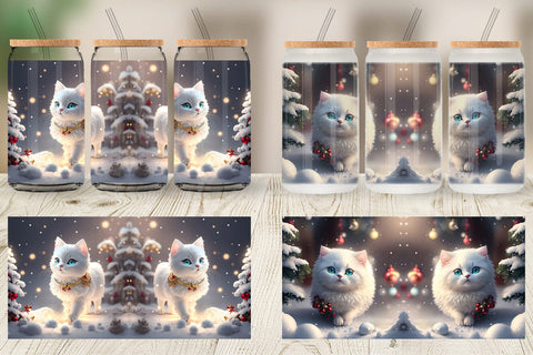 Glass Can Wrap 3D White Cat Christmas Sublimation artnoy 