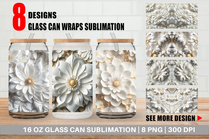 Glass Can Wrap 3D White Flower Sublimation artnoy 