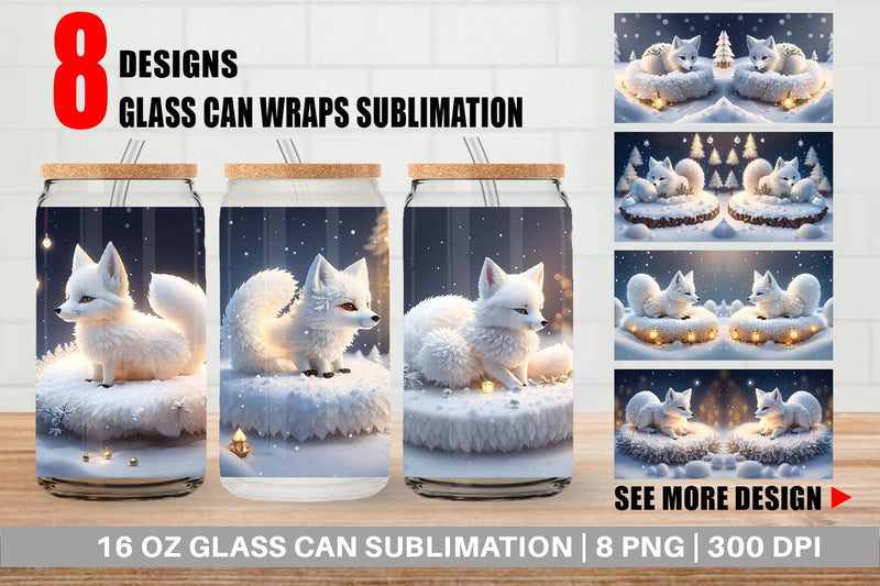 Glass Can Wrap 3D White Fox Christmas Sublimation artnoy 