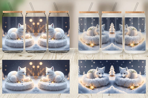 Glass Can Wrap 3D White Fox Christmas Sublimation artnoy 