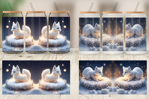 Glass Can Wrap 3D White Fox Christmas Sublimation artnoy 