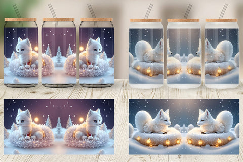 Glass Can Wrap 3D White Fox Christmas Sublimation artnoy 
