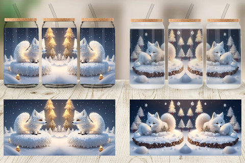 Glass Can Wrap 3D White Fox Christmas Sublimation artnoy 