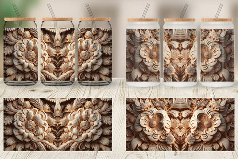 Glass Can Wrap 3D Wood Carving Floral Sublimation artnoy 