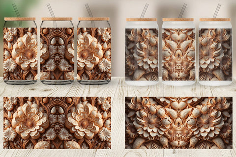 Glass Can Wrap 3D Wood Carving Floral Sublimation artnoy 