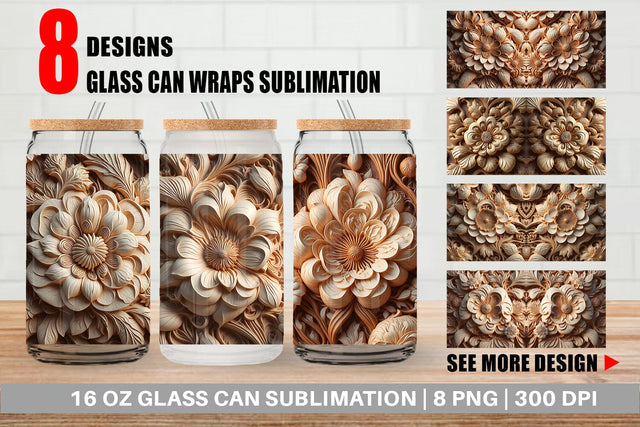 Glass Can Wrap 3D Wood Carving Floral Sublimation artnoy 