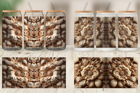 Glass Can Wrap 3D Wood Carving Floral Sublimation artnoy 