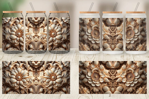 Glass Can Wrap 3D Wood Carving Floral Sublimation artnoy 