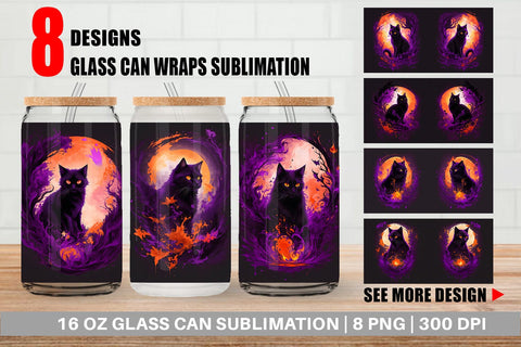 Glass Can Wrap Black Cat Halloween Sublimation artnoy 